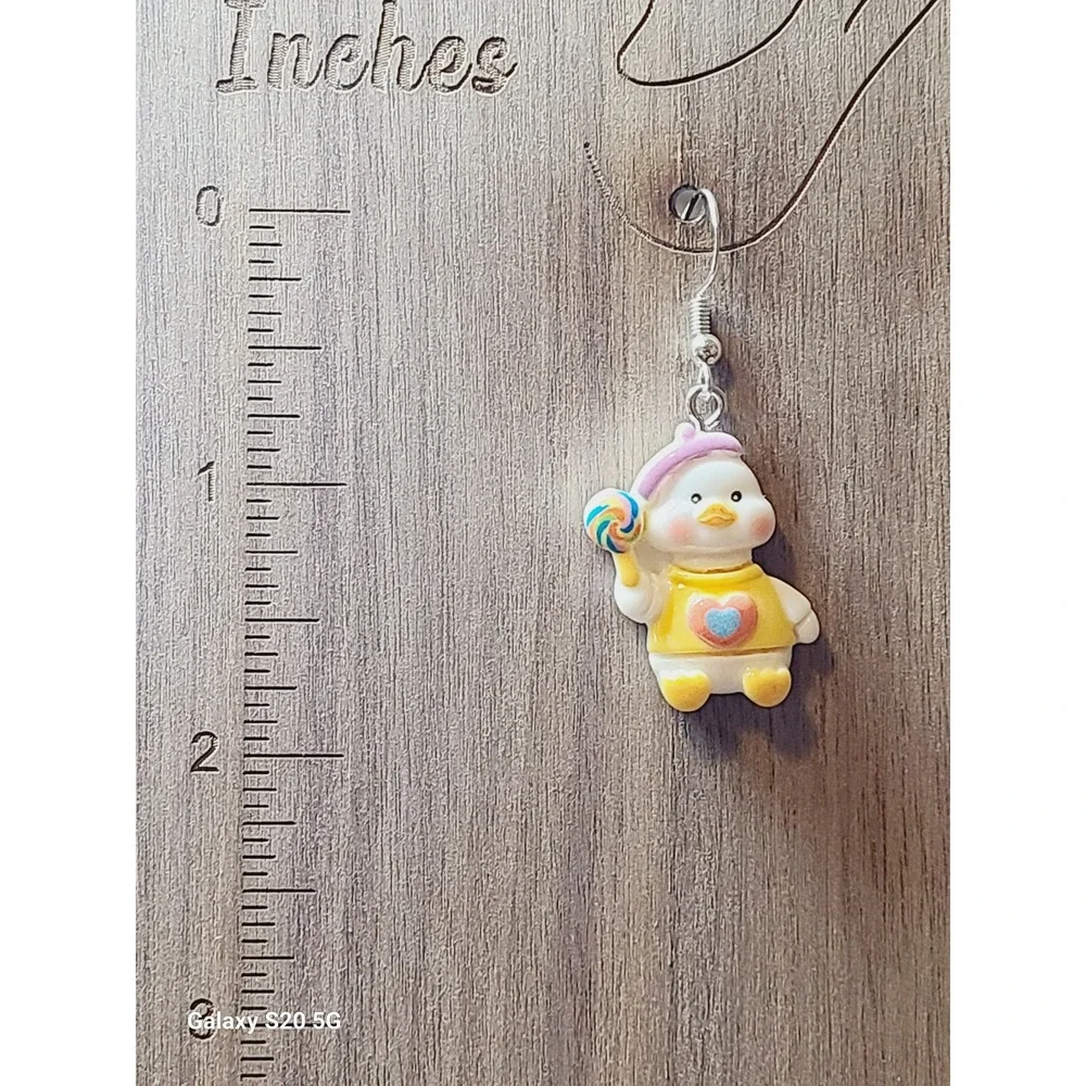 Handmade Duck with Lollipop Resin Drop‎ Earrings Yellow Heart Sweater Novelty